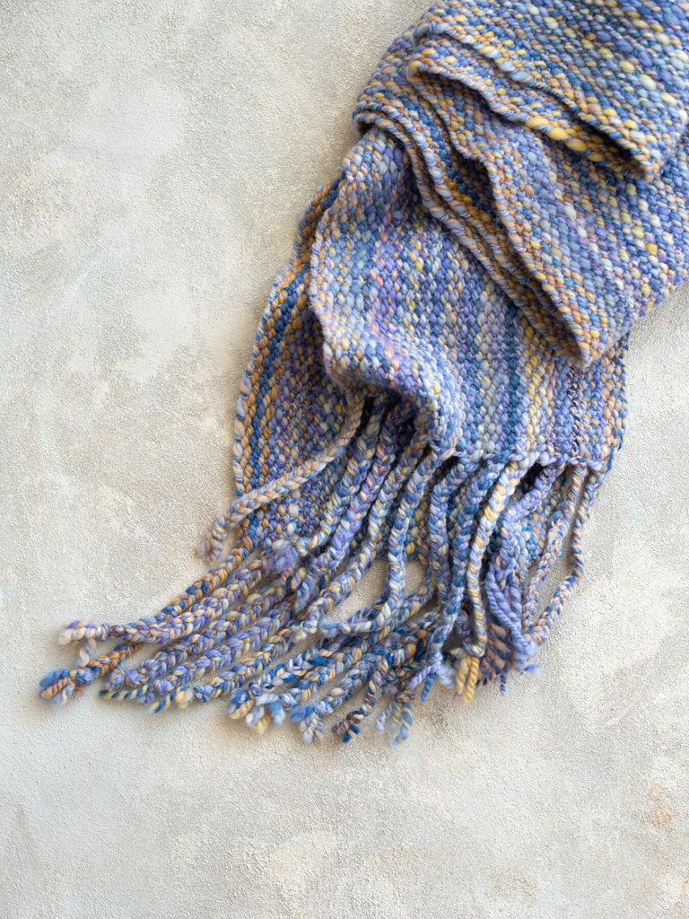 Hand woven soft wool scarf in blue and tan colors