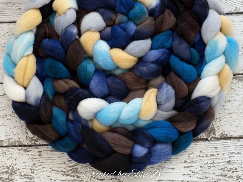 Organic Polwarth &#39;Sea Storm&#39; 4 oz blue spinning fiber, brown wool roving for spinning, hand dyed roving, Created by Elsie B navy combed top