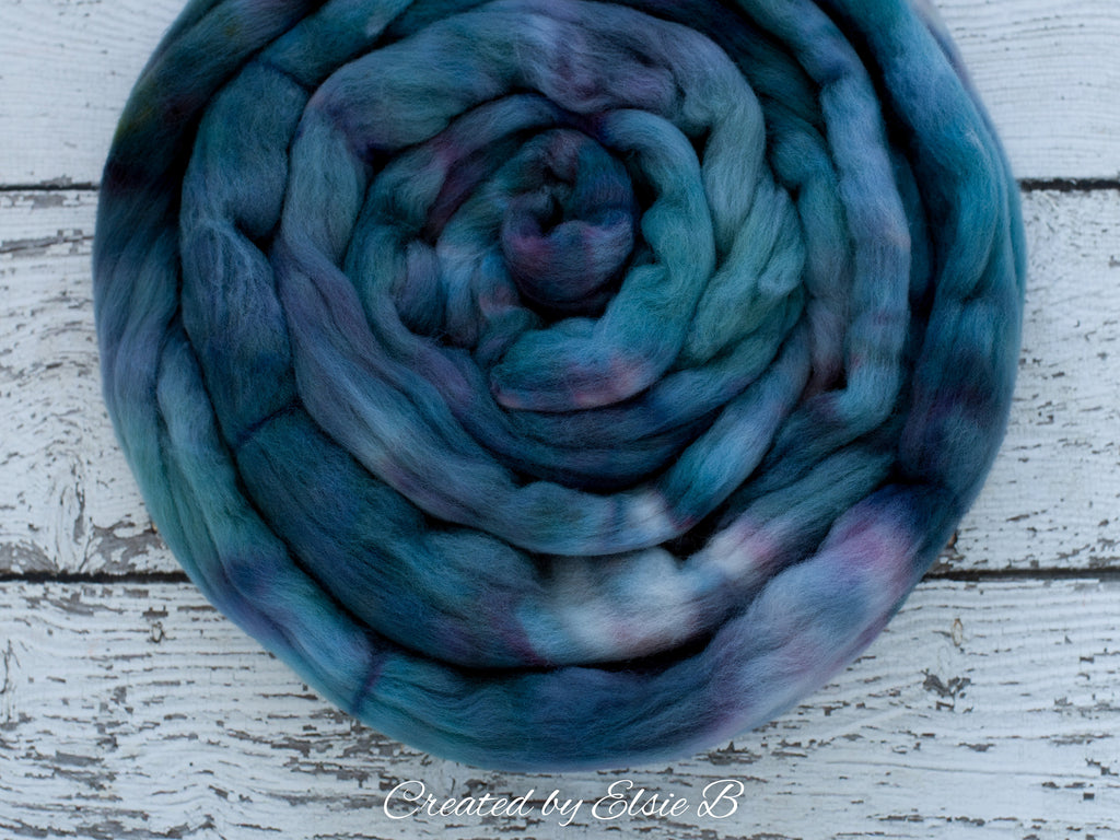 Targhee &#39;Abalone&#39; 4 oz semi-solid hand dyed spinning fiber, blue dyed roving by the pound, Created by ElsieB combed top, wool roving