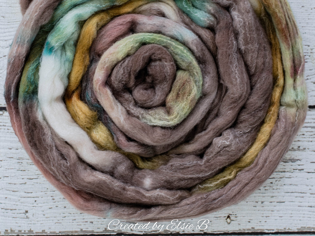Targhee/ Bamboo/ Silk &#39;Mossy Oak&#39; 4 oz hand dyed wool & silk roving for spinning, CreatedbyElsieB tan spinning fiber, brown wool combed top