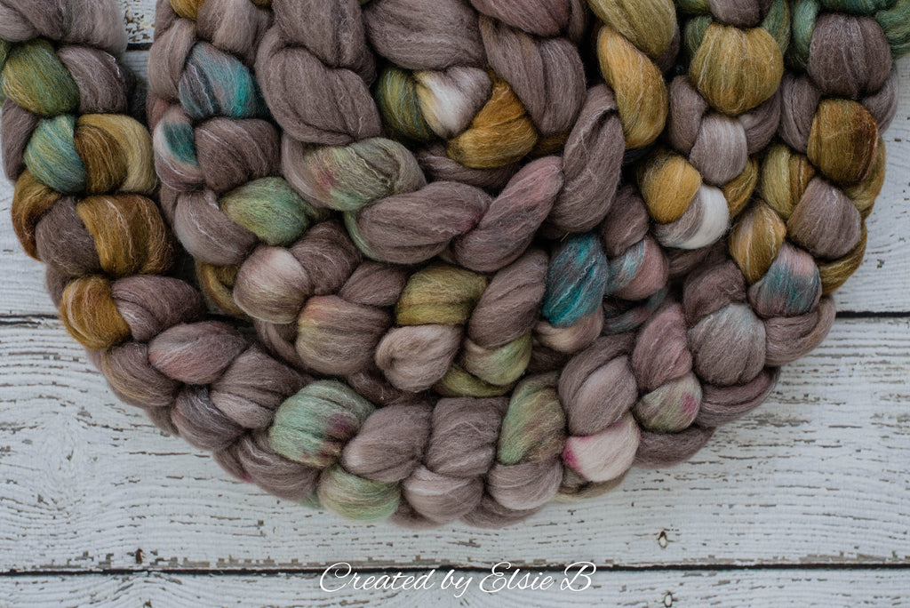 Targhee/ Bamboo/ Silk Mossy Oak 4 oz hand dyed wool & silk roving for spinning, CreatedbyElsieB tan spinning fiber, brown wool combed top