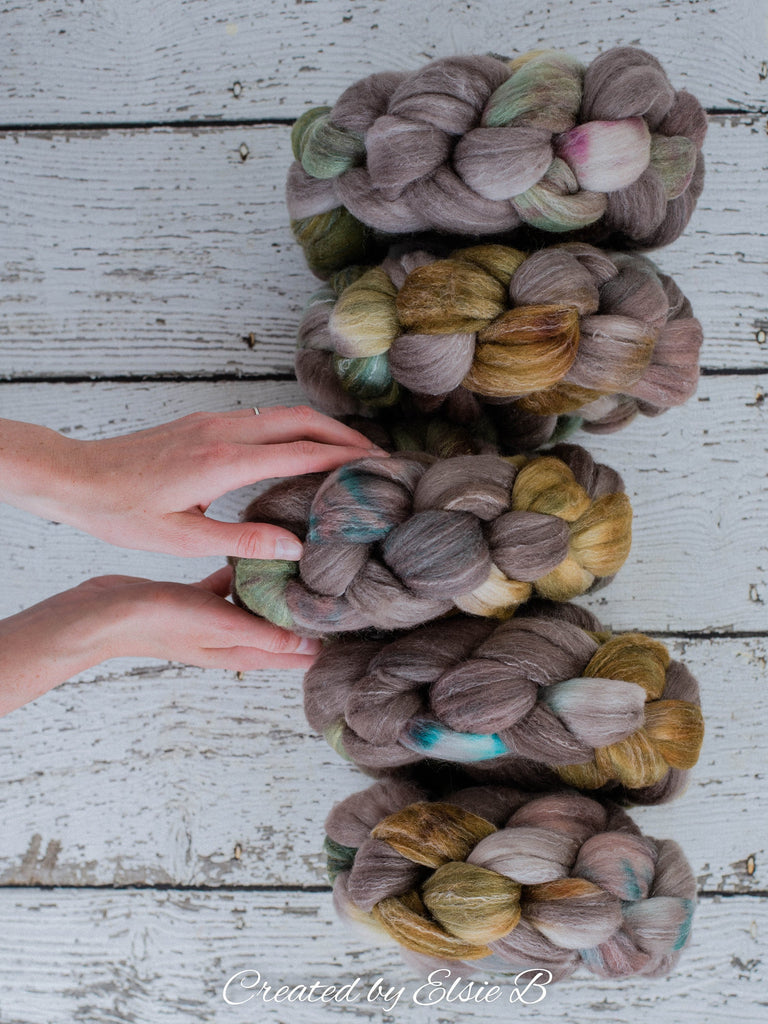 Targhee/ Bamboo/ Silk &#39;Mossy Oak&#39; 4 oz hand dyed wool & silk roving for spinning, CreatedbyElsieB tan spinning fiber, brown wool combed top