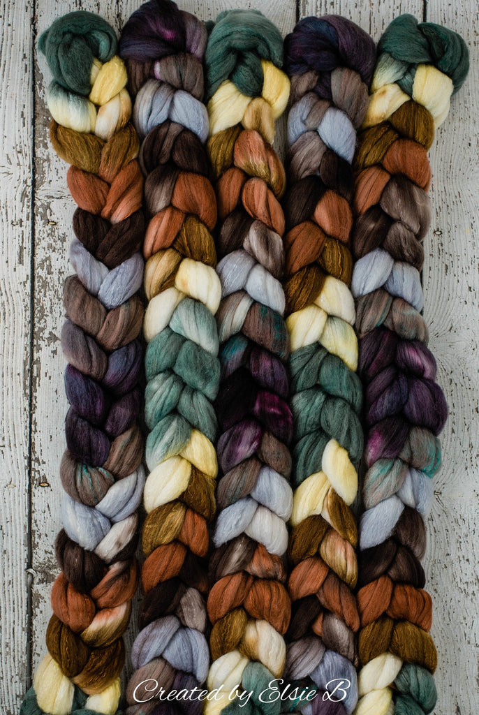 Organic Polwarth/ Silk &#39;Wood Duck&#39; 4 oz spinning fiber, black wool silk roving, green hand dyed wool, CreatedbyElsieB gray combed top