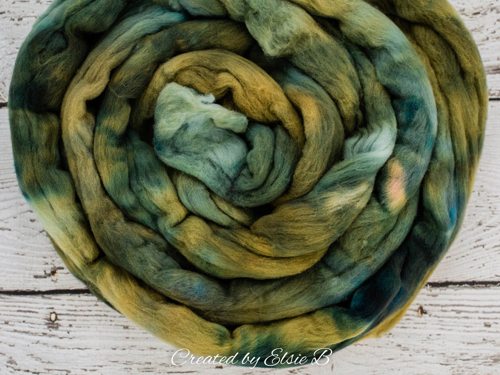 Rambouillet &#39;Olive Green&#39; 4 oz semi-solid combed top, green spinning fiber, hand dyed roving, CreatedbyElsieB wool roving by the pound