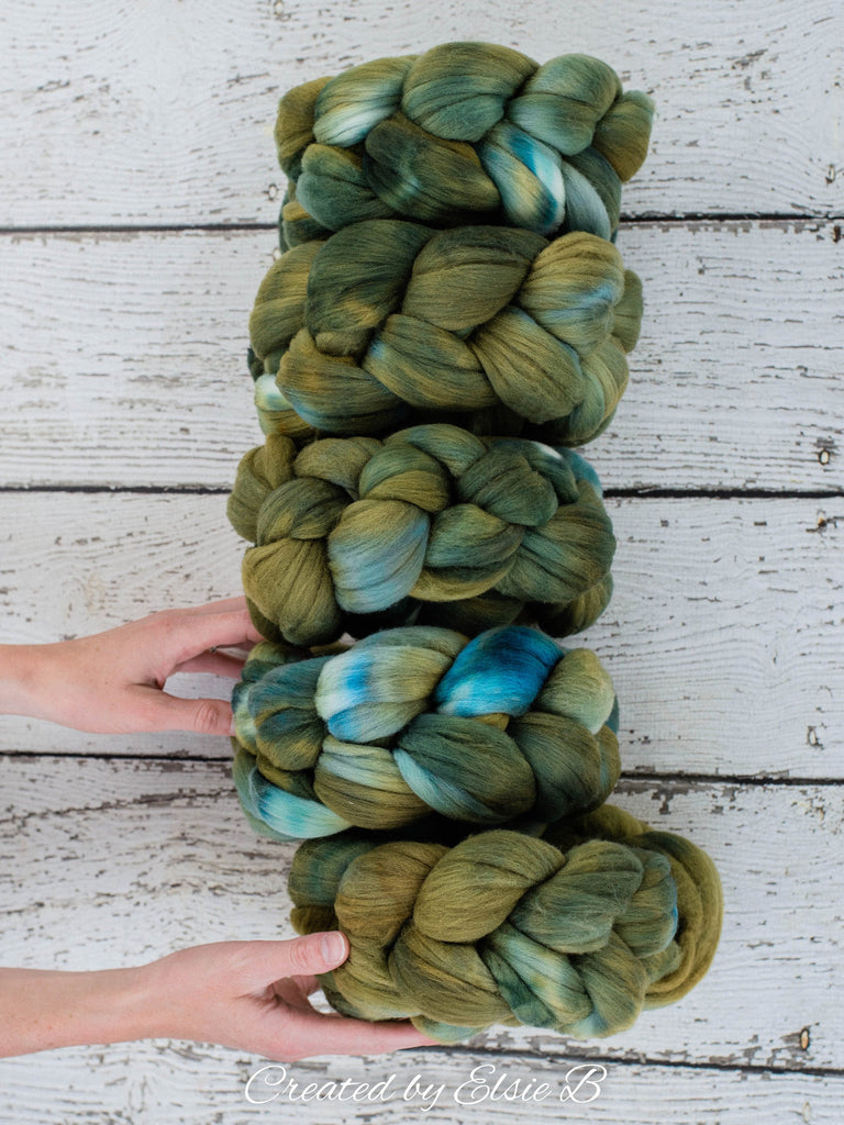 Rambouillet &#39;Olive Green&#39; 4 oz semi-solid combed top, green spinning fiber, hand dyed roving, CreatedbyElsieB wool roving by the pound