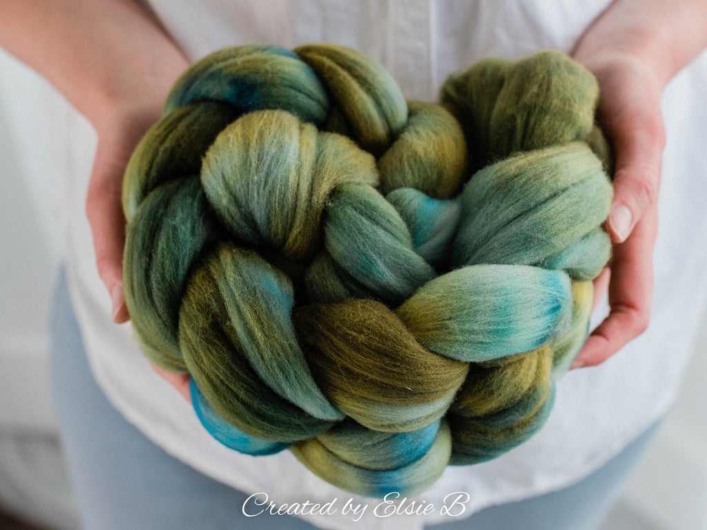 Rambouillet &#39;Olive Green&#39; 4 oz semi-solid combed top, green spinning fiber, hand dyed roving, CreatedbyElsieB wool roving by the pound