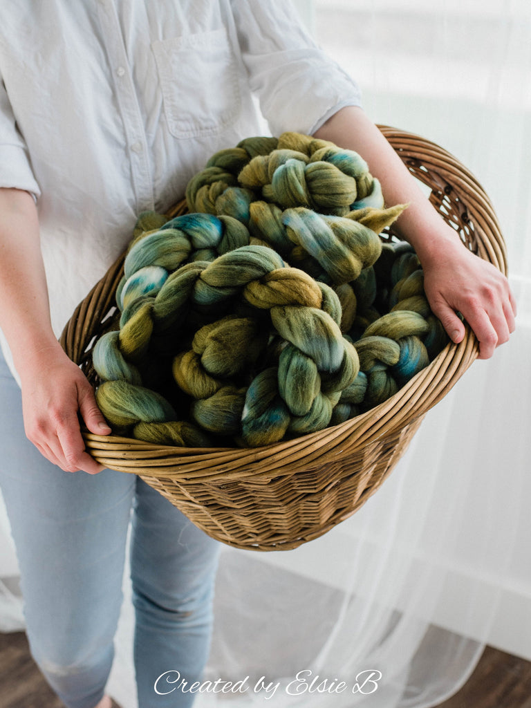 Rambouillet &#39;Olive Green&#39; 4 oz semi-solid combed top, green spinning fiber, hand dyed roving, CreatedbyElsieB wool roving by the pound