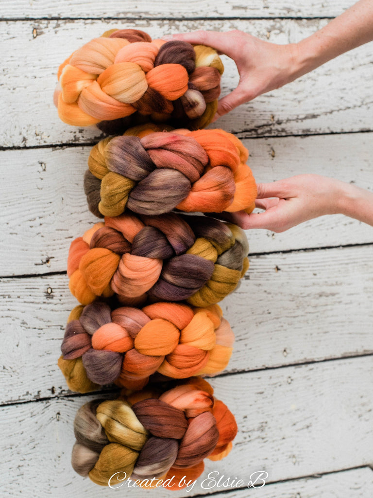 Rambouillet &#39;Pumpkin Ale&#39; 4 oz hand dyed roving, tan combed top, brown spinning fiber, Created by ElsieB orange wool roving by the pound