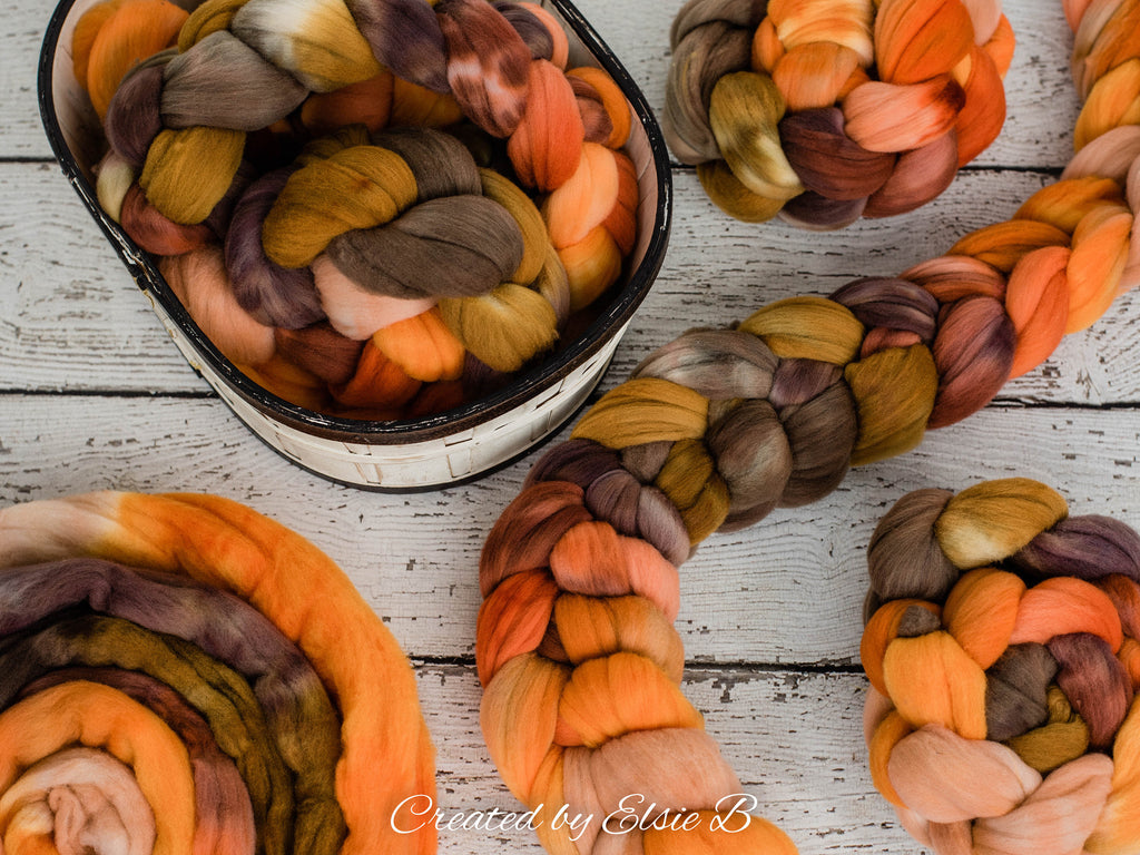 Rambouillet &#39;Pumpkin Ale&#39; 4 oz hand dyed roving, tan combed top, brown spinning fiber, Created by ElsieB orange wool roving by the pound