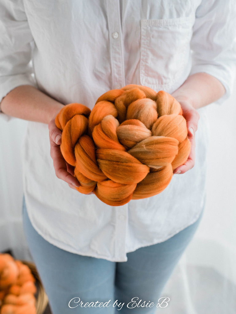 Rambouillet &#39;Spiced Pumpkin&#39; 4 oz semi-solid spinning fiber, combed top, orange hand dyed roving, Created by ElsieB wool roving by the pound
