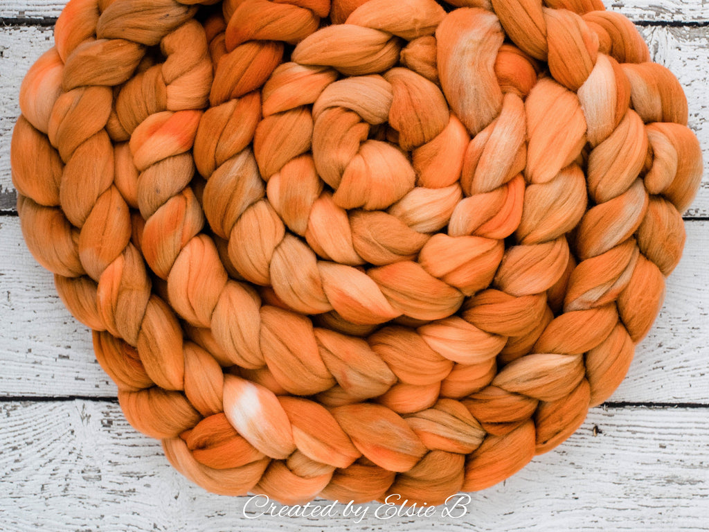 Rambouillet &#39;Spiced Pumpkin&#39; 4 oz semi-solid spinning fiber, combed top, orange hand dyed roving, Created by ElsieB wool roving by the pound