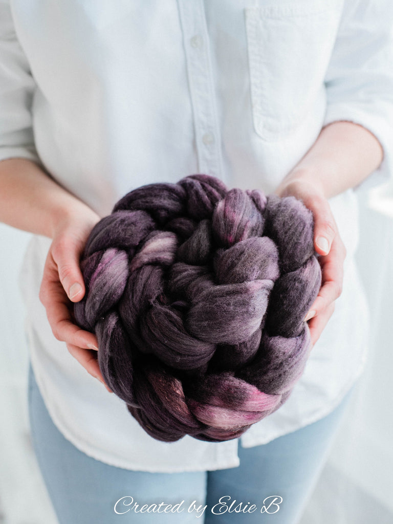 Organic Polwarth/ Silk &#39;Espresso&#39; 4 oz semi-solid combed top, black spinning fiber, red hand dyed wool, CreatedbyElsieB wool silk roving