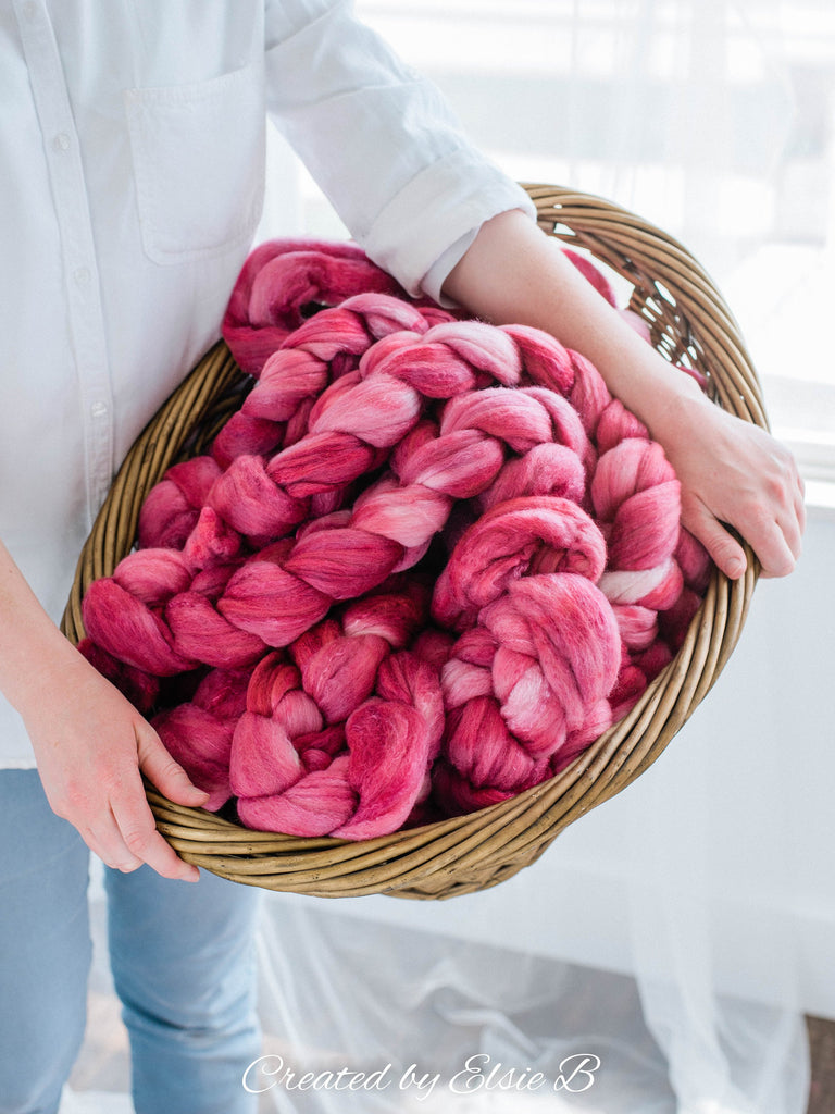 Organic Polwarth/ Silk &#39;Rose&#39; 4 oz semi-solid pink spinning fiber, hand dyed wool, Created by Elsie B wool silk roving by the pound