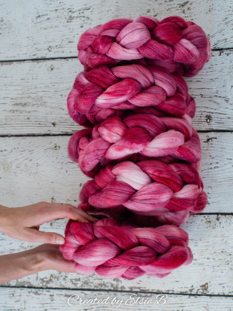 Organic Polwarth/ Silk &#39;Rose&#39; 4 oz semi-solid pink spinning fiber, hand dyed wool, Created by Elsie B wool silk roving by the pound