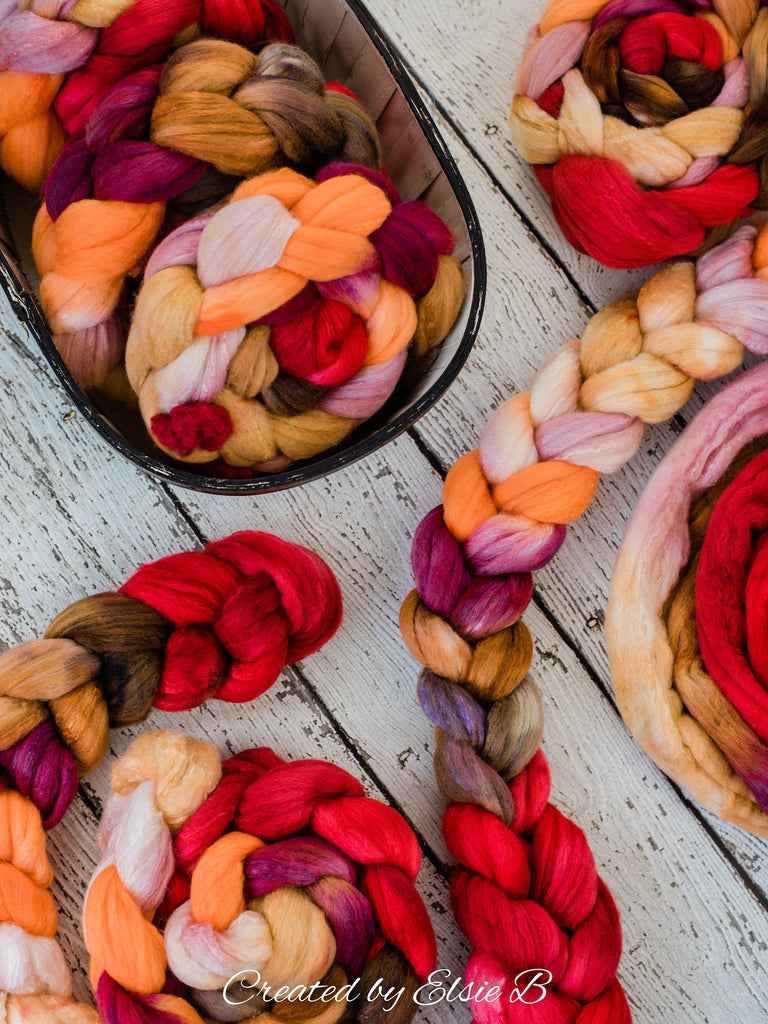 Organic Polwarth/ Silk &#39;Spice Market&#39; 4 oz wool silk roving, red hand dyed wool, CreatedbyElsieB orange combed top, brown spinning fiber