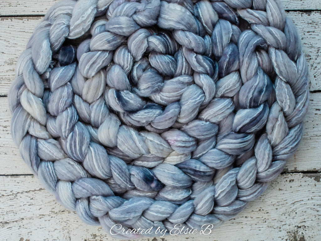 BFL/ Seacell &#39;Quicksilver&#39; 4 oz semi-solid hand dyed roving CreatedbyElsieB Blue Faced Leicester spinning fiber, wool roving by the pound