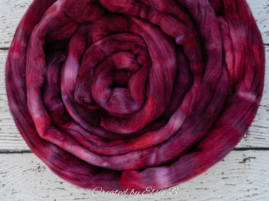 21 micron Merino &#39;Mulberry&#39; 4 oz semi-solid combed top, red spinning fiber, hand dyed roving, Created by Elsie B wool roving by the pound