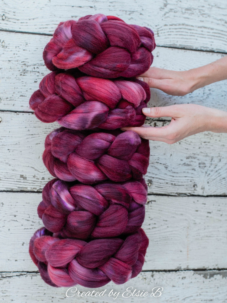21 micron Merino &#39;Mulberry&#39; 4 oz semi-solid combed top, red spinning fiber, hand dyed roving, Created by Elsie B wool roving by the pound
