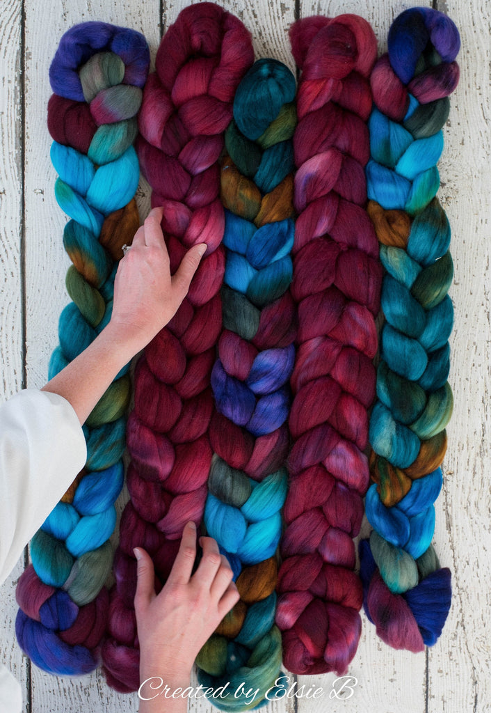 21 micron Merino &#39;Mulberry&#39; 4 oz semi-solid combed top, red spinning fiber, hand dyed roving, Created by Elsie B wool roving by the pound