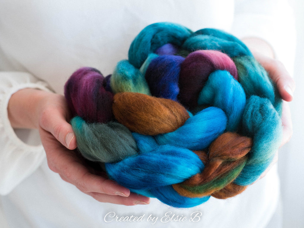 21 micron Merino &#39;Heal&#39; 4 oz combed top, blue wool roving by the pound, teal hand dyed roving, Created by ElsieB purple spinning fiber