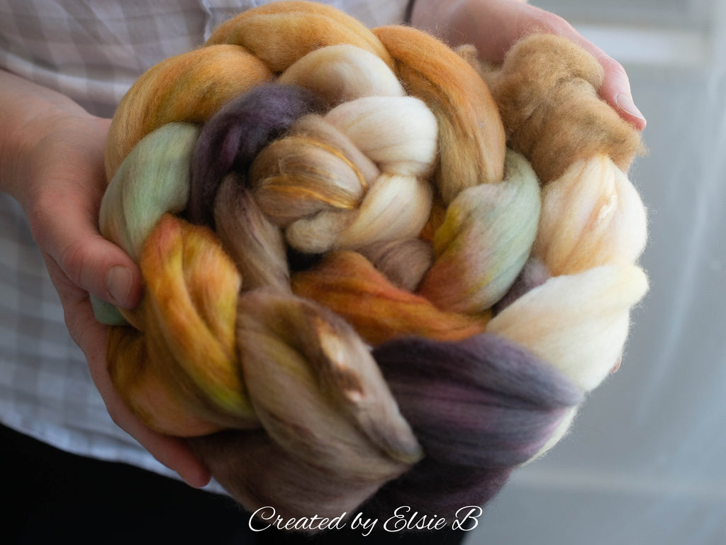 Superfine Merino/ Silk &#39;Fox Den&#39; 4 oz brown hand dyed roving, CreatedbyElsieB spinning fiber, gray combed top, mint wool roving for spinning