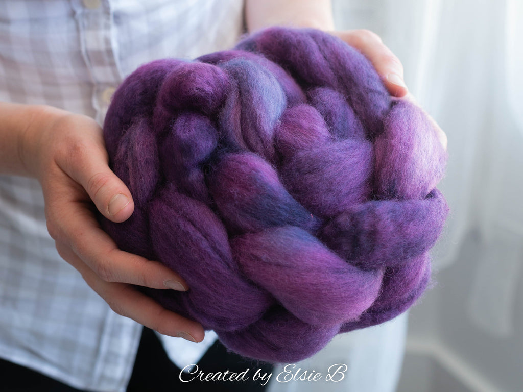 Blue Faced Leicester &#39;Dark Lilac&#39; 4 oz semi-solid purple combed top, BFL hand dyed top, spinning fiber, CreatedbyElsieB wool roving