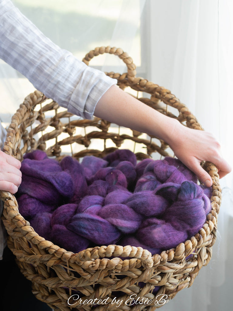 Blue Faced Leicester &#39;Dark Lilac&#39; 4 oz semi-solid purple combed top, BFL hand dyed top, spinning fiber, CreatedbyElsieB wool roving