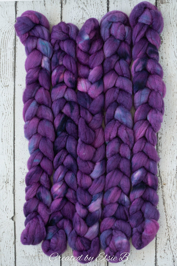Blue Faced Leicester &#39;Dark Lilac&#39; 4 oz semi-solid purple combed top, BFL hand dyed top, spinning fiber, CreatedbyElsieB wool roving