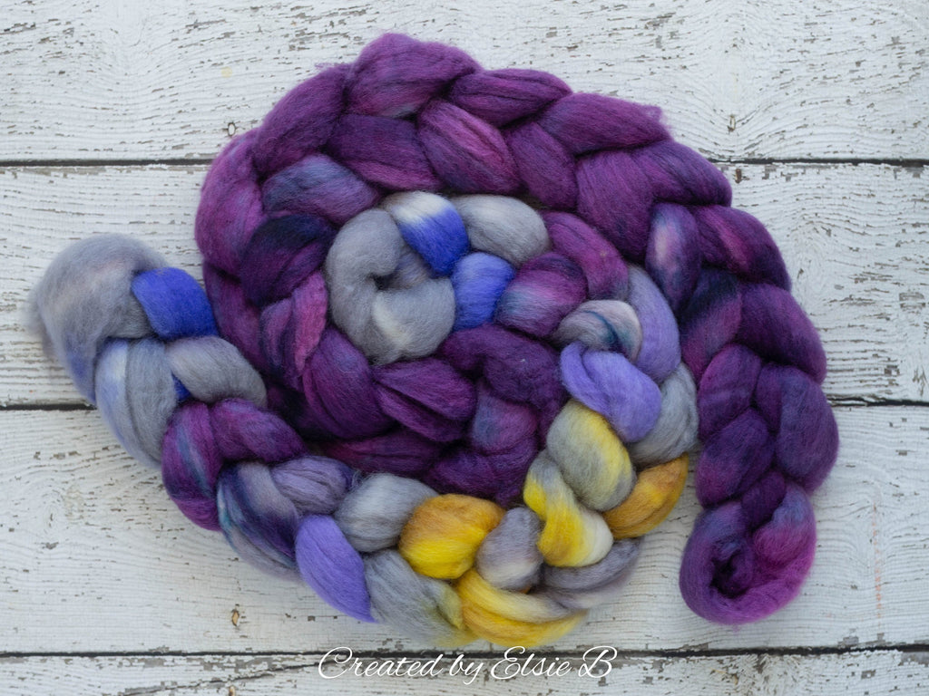 Blue Faced Leicester &#39;Dark Lilac&#39; 4 oz semi-solid purple combed top, BFL hand dyed top, spinning fiber, CreatedbyElsieB wool roving