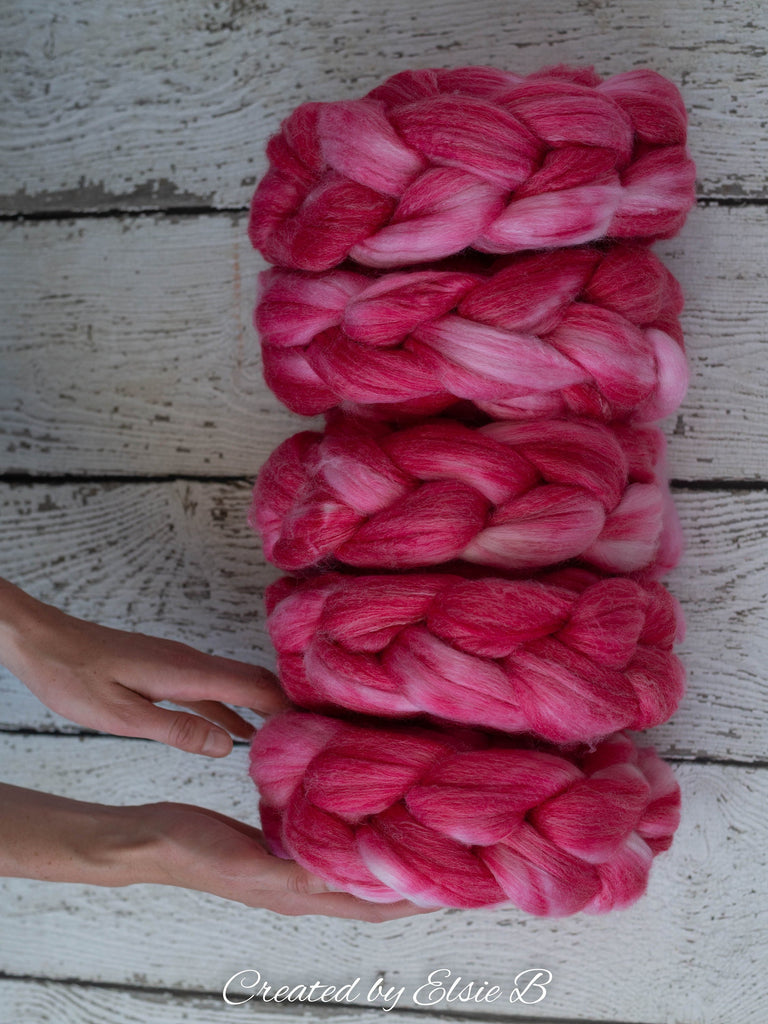 SW Merino/ Bamboo/ Nylon &#39;Dragon Fruit&#39; 4 oz semi-solid fiber, red superwash roving, pink merino combed top, hand dyed roving for spinning