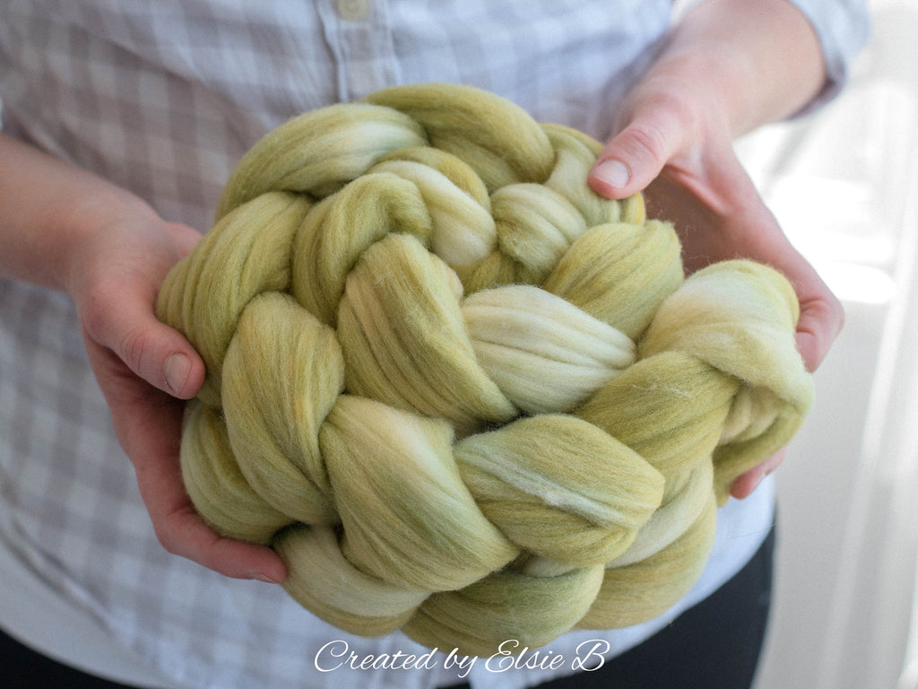 SALE*** Rambouillet/ Nylon &#39;Pistachio&#39; 4 oz semi-solid dusty green dyed roving by the pound, CreatedbyElsieB combed top, fiber for spinning