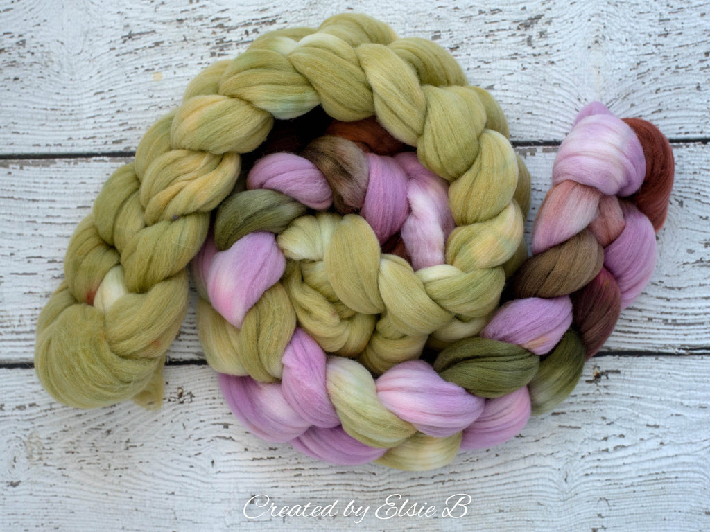 Rambouillet/ Nylon &#39;Sweet Orchid&#39; 4 oz spinning fiber, green hand dyed roving, brown roving by the pound, Created by Elsie B pink combed top