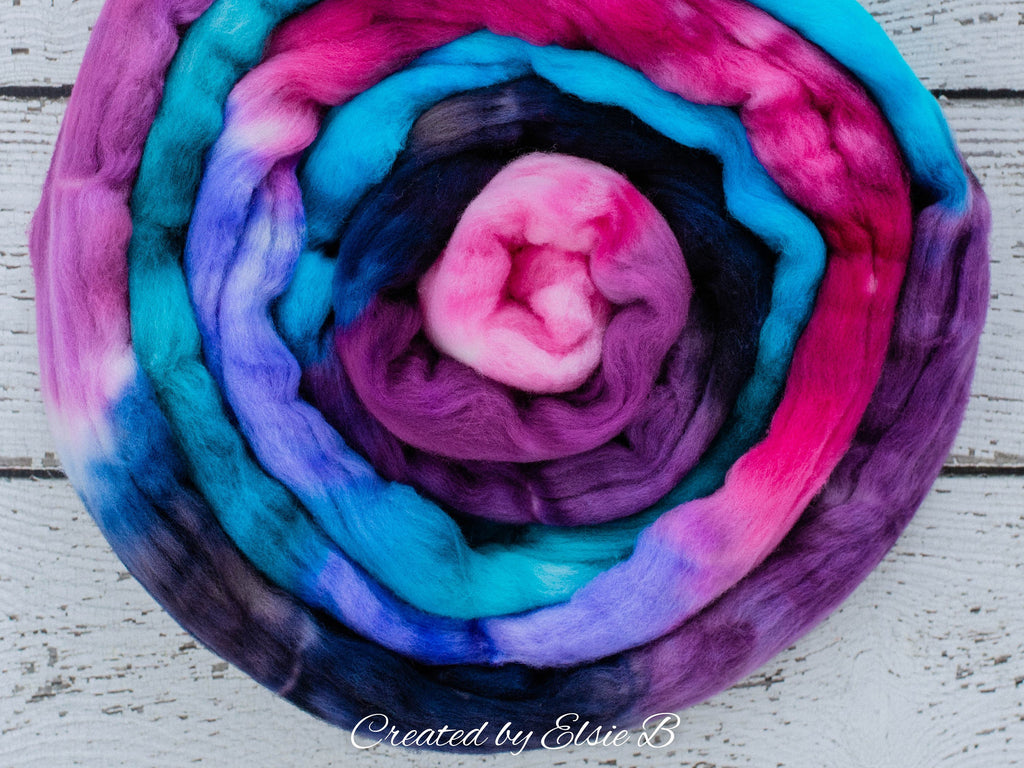 Targhee &#39;Lisa Frank&#39; 4 oz hand dyed spinning fiber, purple dyed roving by the pound, Created by Elsie B pink combed top, blue wool roving