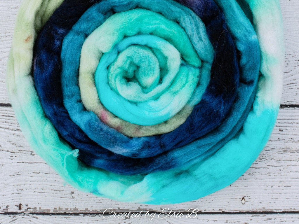 Targhee &#39;Atlantis&#39; 4 oz hand dyed spinning fiber, blue dyed roving by the pound, Created by ElsieB mint combed top, wool roving by the pound