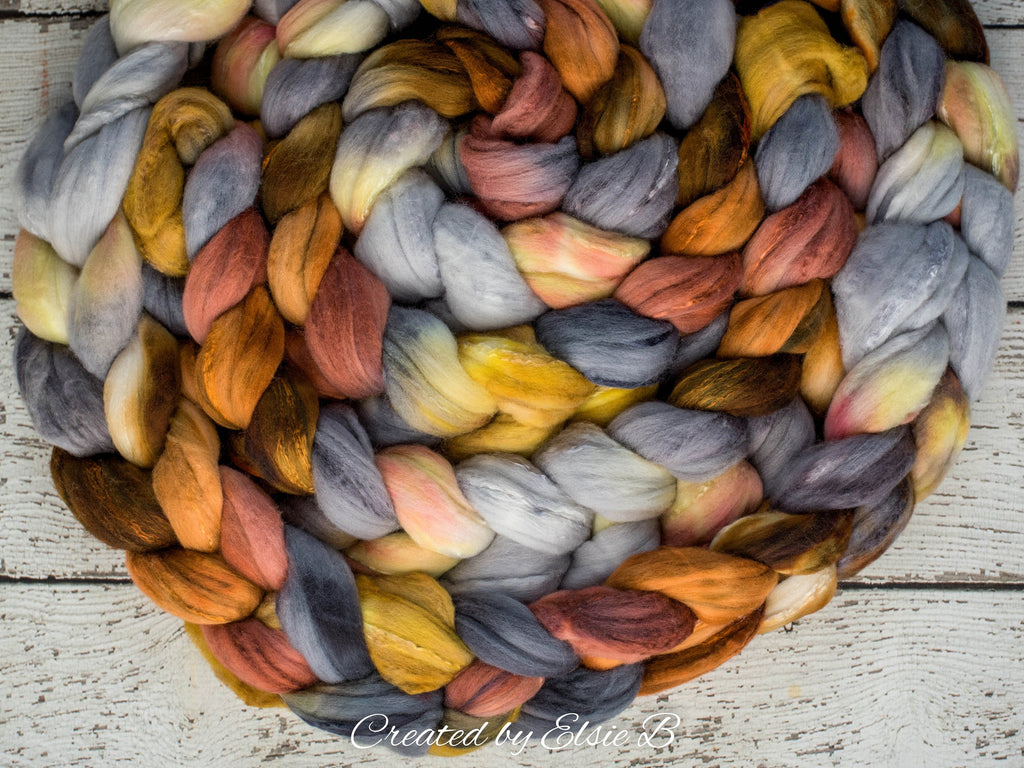 Superfine Merino/ Silk &#39;Gold Rush&#39; 4 oz brown hand dyed roving, Created by Elsie B spinning fiber, gray combed top, wool roving for spinning
