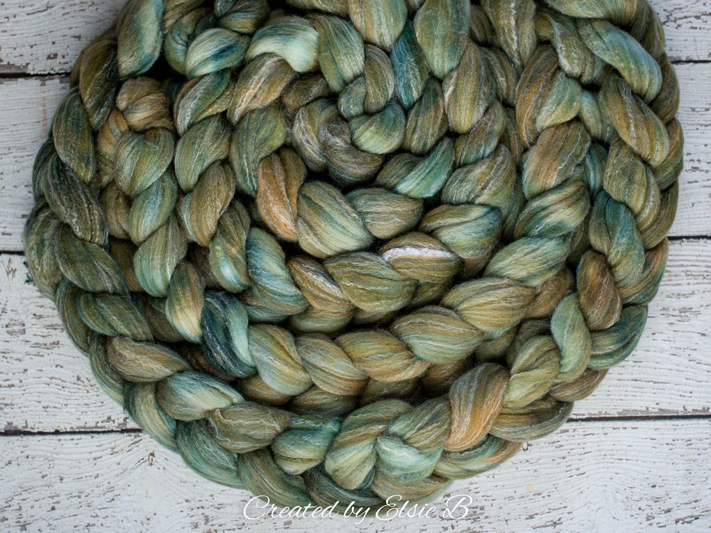 Targhee/ Bamboo/ Silk &#39;Oak Leaf&#39; 4 oz semi-solid green spinning fiber, hand dyed roving by the pound, Created by Elsie B wool combed top