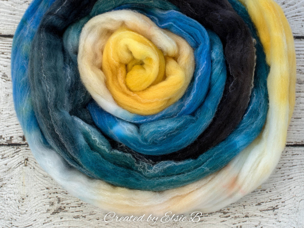 Targhee/ Bamboo/ Silk &#39;Dandelions at Dusk&#39; 4 oz yellow spinning fiber, blue hand dyed roving by the pound, Created by ElsieB wool combed top