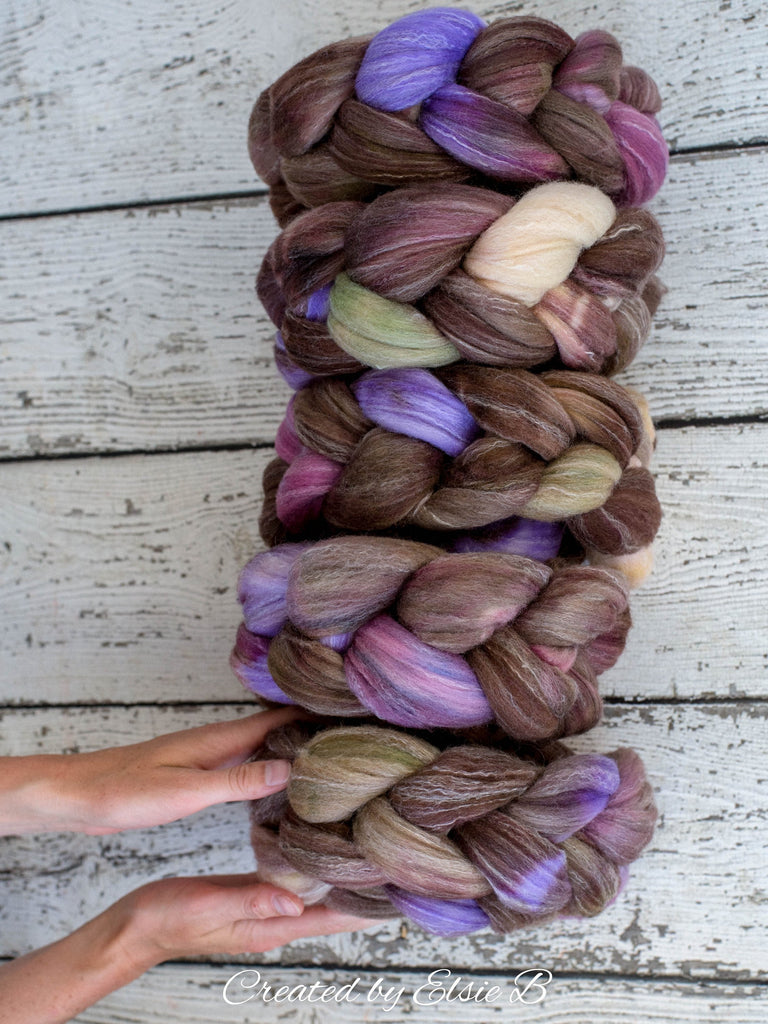 Targhee/ Bamboo/ Silk &#39;Moorland Heather&#39; 4 oz brown spinning fiber, purple hand dyed roving by the pound, Created by ElsieB wool combed top