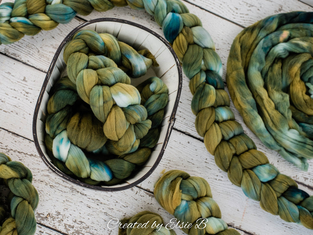 Rambouillet &#39;Olive Green&#39; 4 oz semi-solid combed top, green spinning fiber, hand dyed roving, CreatedbyElsieB wool roving by the pound