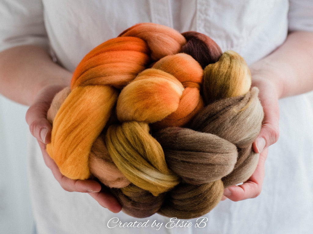 Rambouillet &#39;Pumpkin Ale&#39; 4 oz hand dyed roving, tan combed top, brown spinning fiber, Created by ElsieB orange wool roving by the pound