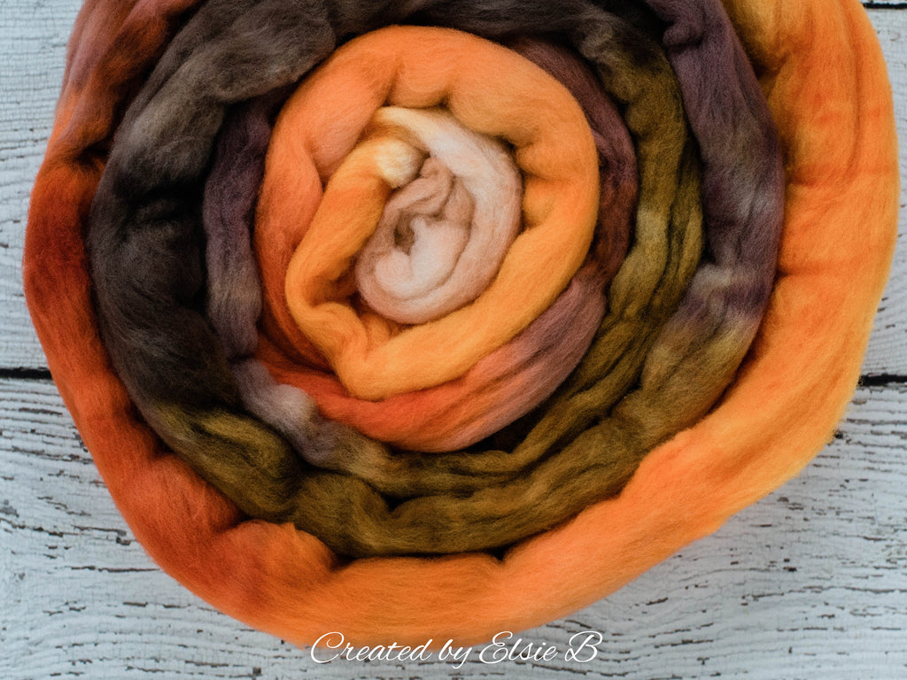 Rambouillet &#39;Pumpkin Ale&#39; 4 oz hand dyed roving, tan combed top, brown spinning fiber, Created by ElsieB orange wool roving by the pound