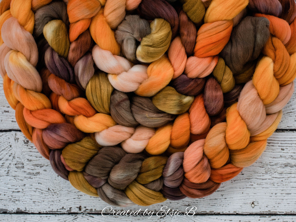 Rambouillet &#39;Pumpkin Ale&#39; 4 oz hand dyed roving, tan combed top, brown spinning fiber, Created by ElsieB orange wool roving by the pound