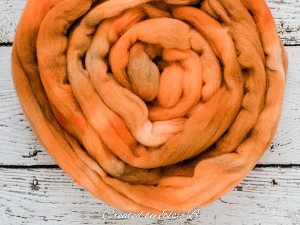 Rambouillet &#39;Spiced Pumpkin&#39; 4 oz semi-solid spinning fiber, combed top, orange hand dyed roving, Created by ElsieB wool roving by the pound