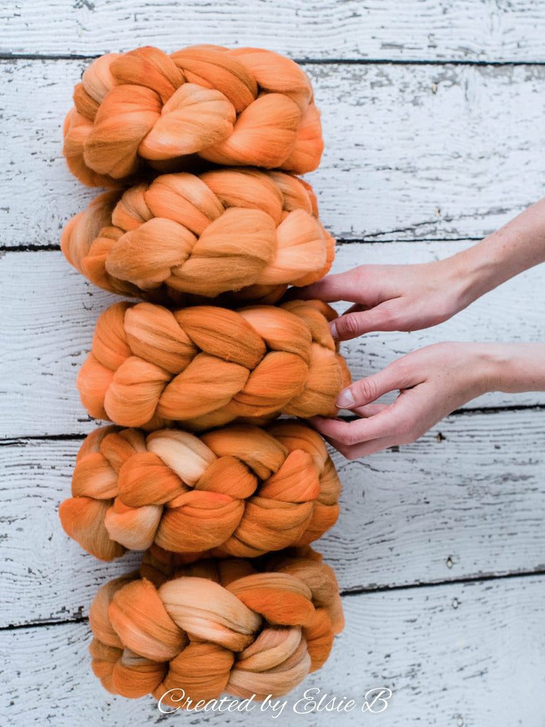 Rambouillet &#39;Spiced Pumpkin&#39; 4 oz semi-solid spinning fiber, combed top, orange hand dyed roving, Created by ElsieB wool roving by the pound