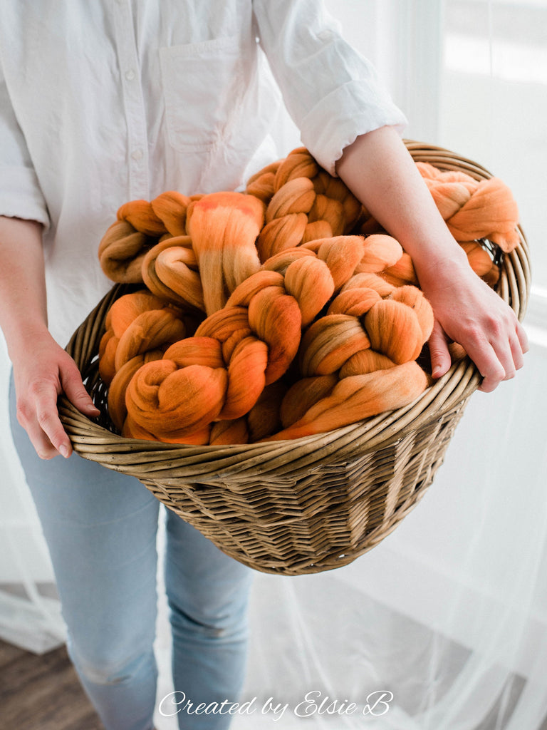 Rambouillet &#39;Spiced Pumpkin&#39; 4 oz semi-solid spinning fiber, combed top, orange hand dyed roving, Created by ElsieB wool roving by the pound