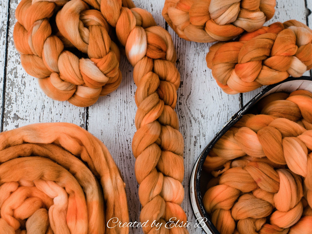 Rambouillet &#39;Spiced Pumpkin&#39; 4 oz semi-solid spinning fiber, combed top, orange hand dyed roving, Created by ElsieB wool roving by the pound