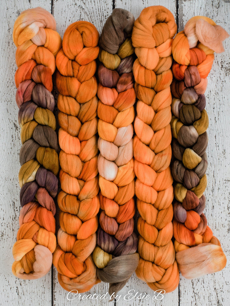 Rambouillet &#39;Spiced Pumpkin&#39; 4 oz semi-solid spinning fiber, combed top, orange hand dyed roving, Created by ElsieB wool roving by the pound