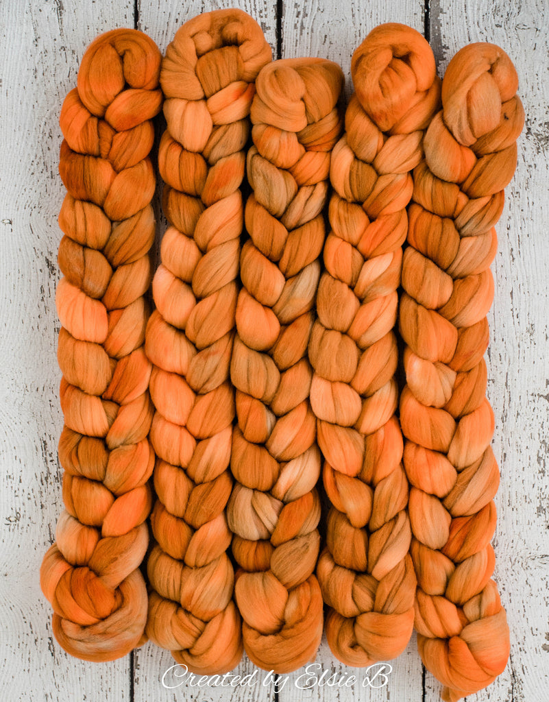 Rambouillet &#39;Spiced Pumpkin&#39; 4 oz semi-solid spinning fiber, combed top, orange hand dyed roving, Created by ElsieB wool roving by the pound