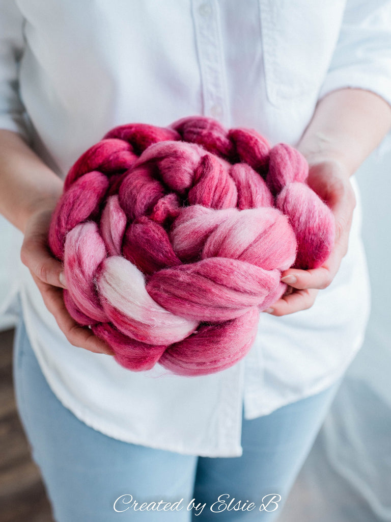 Organic Polwarth/ Silk &#39;Rose&#39; 4 oz semi-solid pink spinning fiber, hand dyed wool, Created by Elsie B wool silk roving by the pound