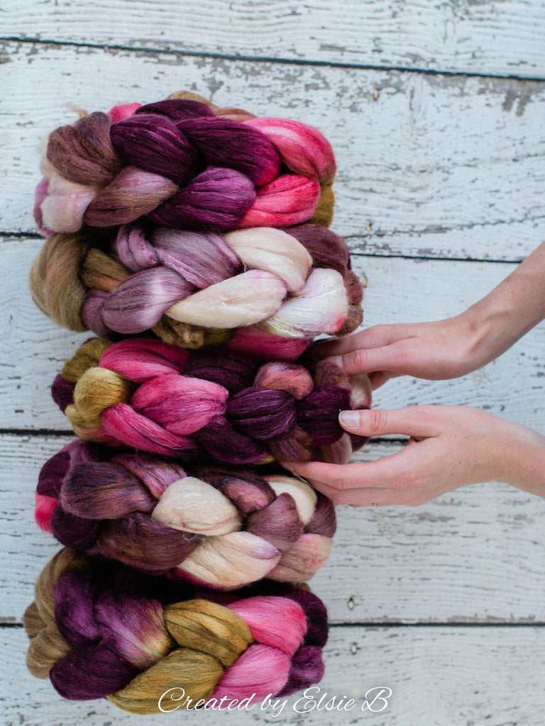 Organic Polwarth/ Silk &#39;Romance Remembered&#39; 4 oz wool silk roving, pink hand dyed wool, CreatedbyElsieB brown combed top, tan spinning fiber